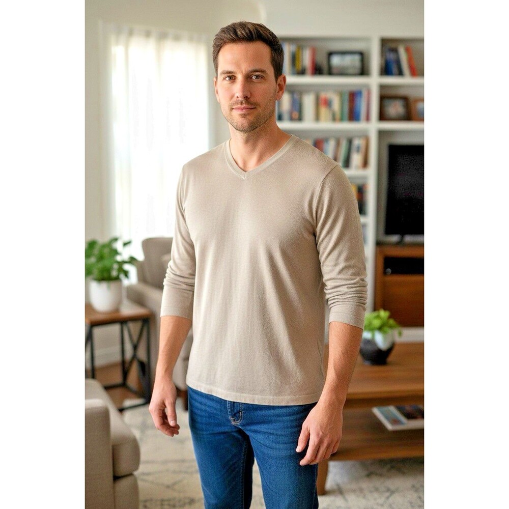 Banana Republic Men's Luxury Blend SILK COTTON CASHMERE V-NECK SWEATER Camel L